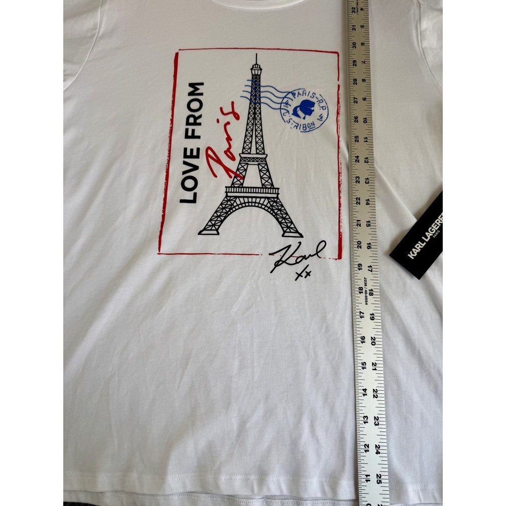 KARL LAGERFELD Womens Blouse XL Love From Paris White Crew Neck Short Sleeve NWT - Picture 6 of 10